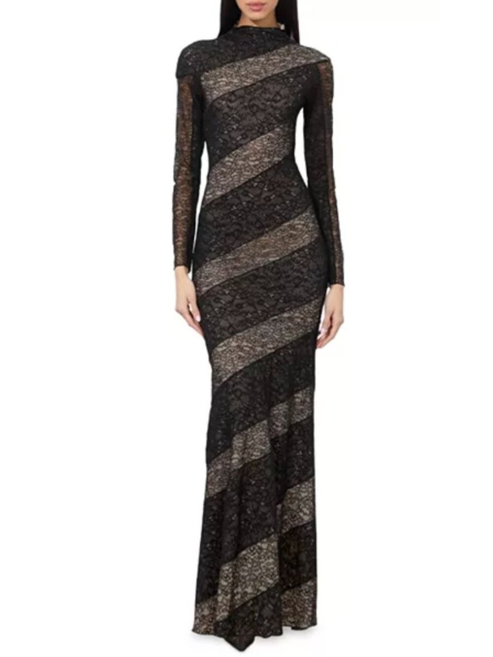 ALICE + OLIVIA Delora Lace Paneled Mock-Neck Midi Dress Size 4 Long Sleve 90s